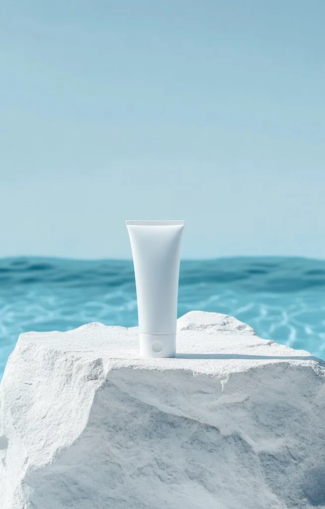 A pristine white tube of skincare product rests atop a bleached white rock, set against a backdrop of a serene, turquoise ocean. The minimalist composition evokes feelings of cleanliness, freshness, and relaxation, suggesting a luxurious, beach-inspired product. The clear sky and tranquil water enhance the overall sense of calm and serenity.  The image is perfect for showcasing a sun care or hydrating product.