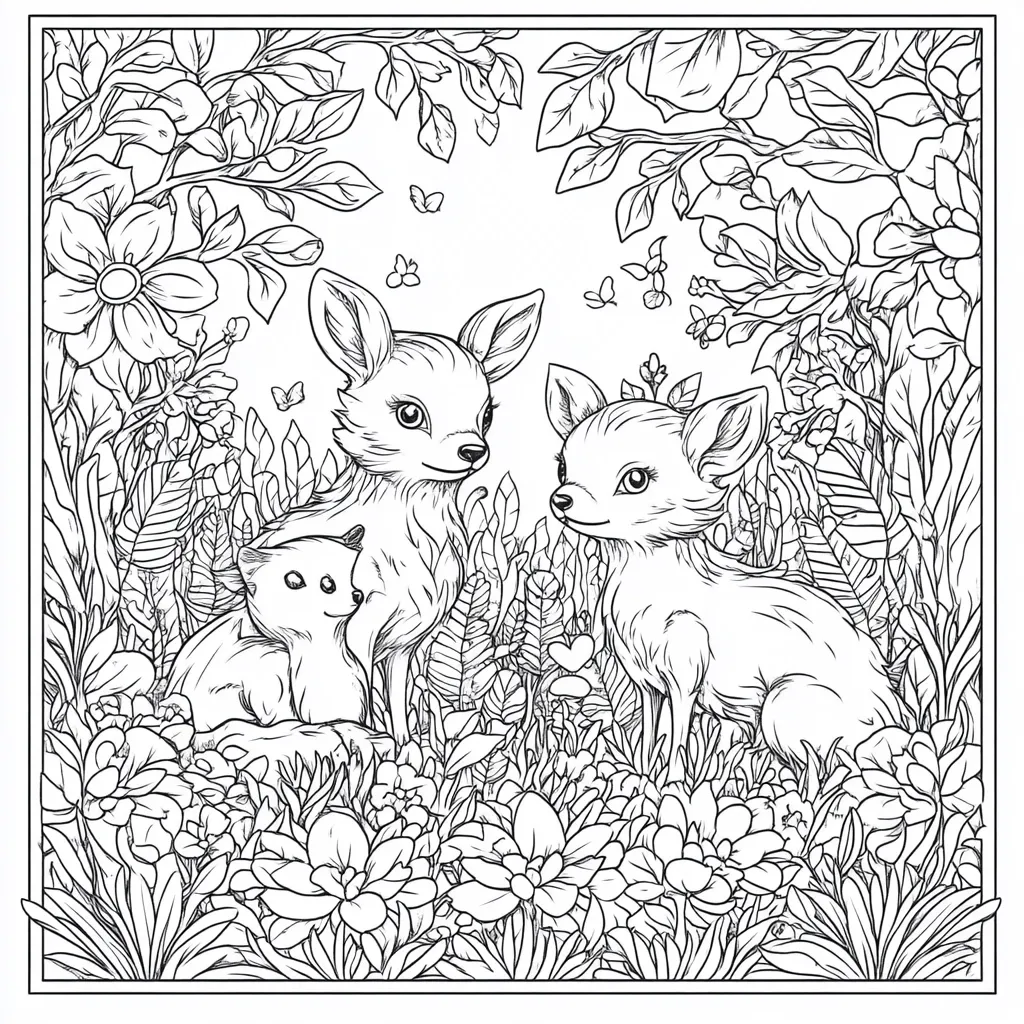 A charming coloring page depicts two deer and a smaller animal, possibly a fawn, nestled amongst lush flowers and foliage.  Intricate linework details the animals' features and the surrounding flora, including butterflies flitting amongst the blossoms. The scene is framed within a decorative border, creating a serene and enchanting image perfect for artistic expression.