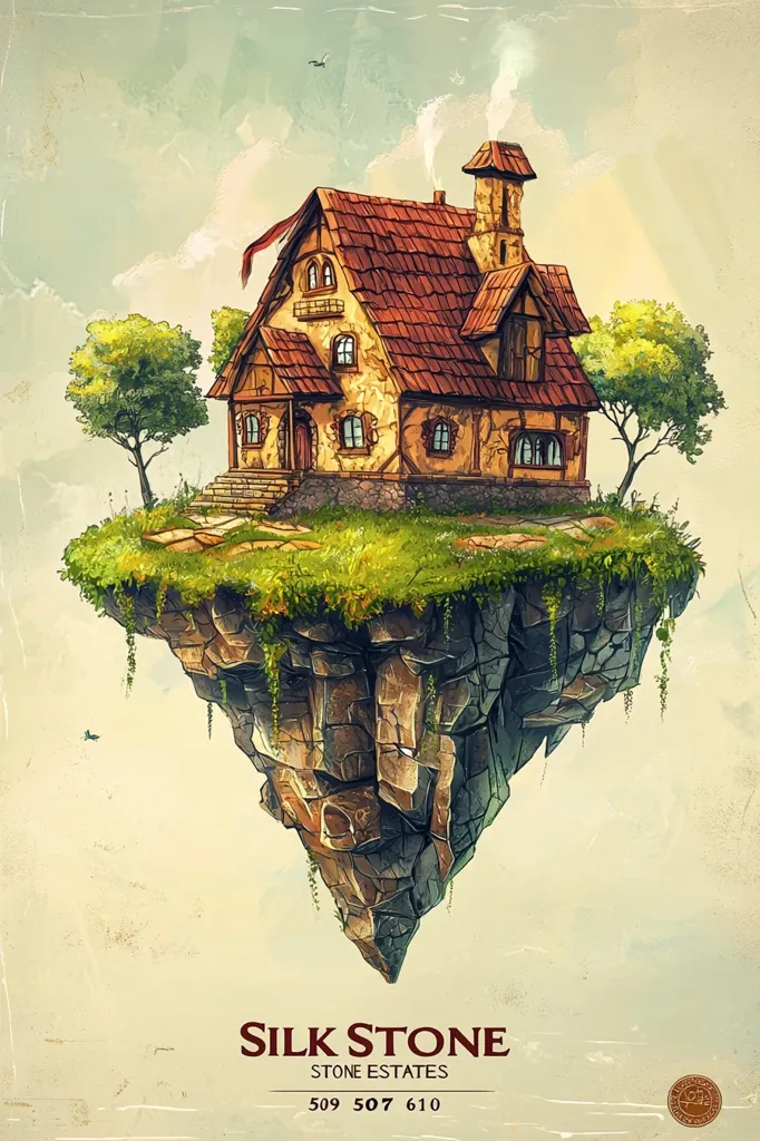 A charming, rustic house with a red-tiled roof sits atop a floating rock island.  The house, seemingly from a fairytale, features stone walls, small windows, and a quaint chimney. Lush greenery surrounds the dwelling, creating a peaceful, idyllic scene against a soft, vintage-toned sky. The image is titled "Silk Stone Stone Estates," with phone numbers listed below.
