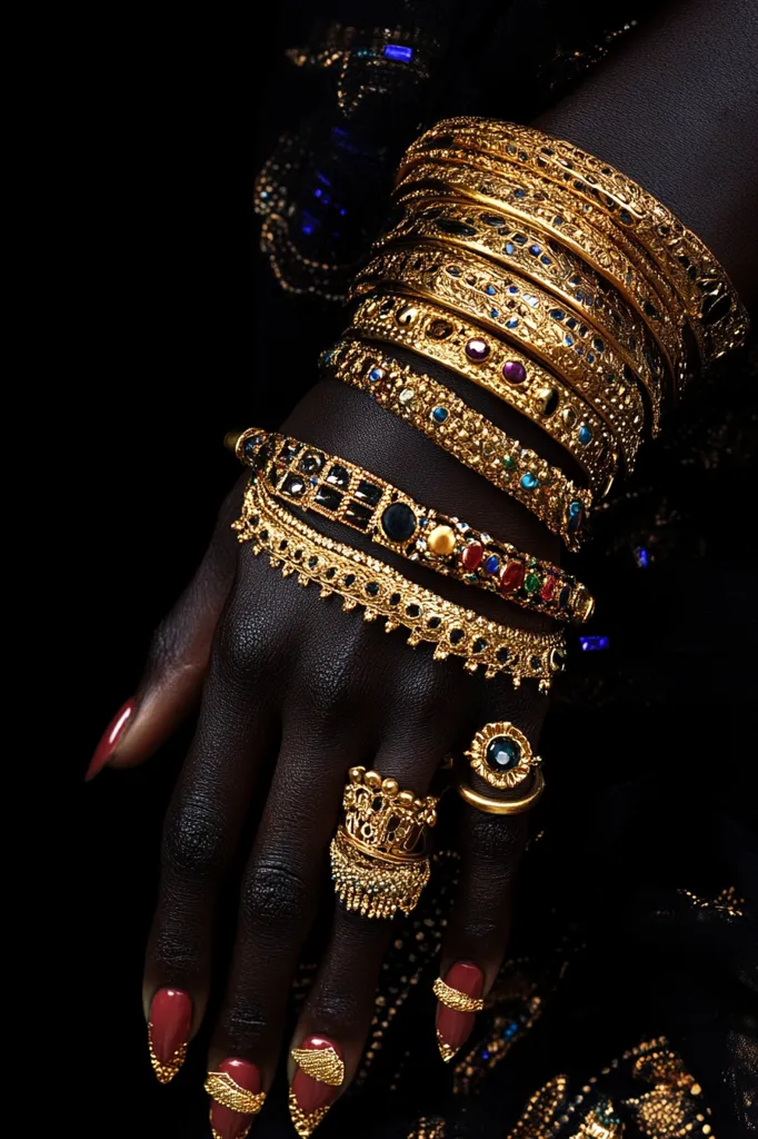 A dark-skinned hand adorned with numerous ornate gold bangles encrusted with colorful gemstones.  The bangles are stacked several layers high, showcasing intricate detailing.  Two gold rings, similarly embellished, are worn on the fingers. The nails are painted a deep reddish-brown, complementing the rich tones of the jewelry. The image is set against a stark black background, highlighting the opulence of the accessories.