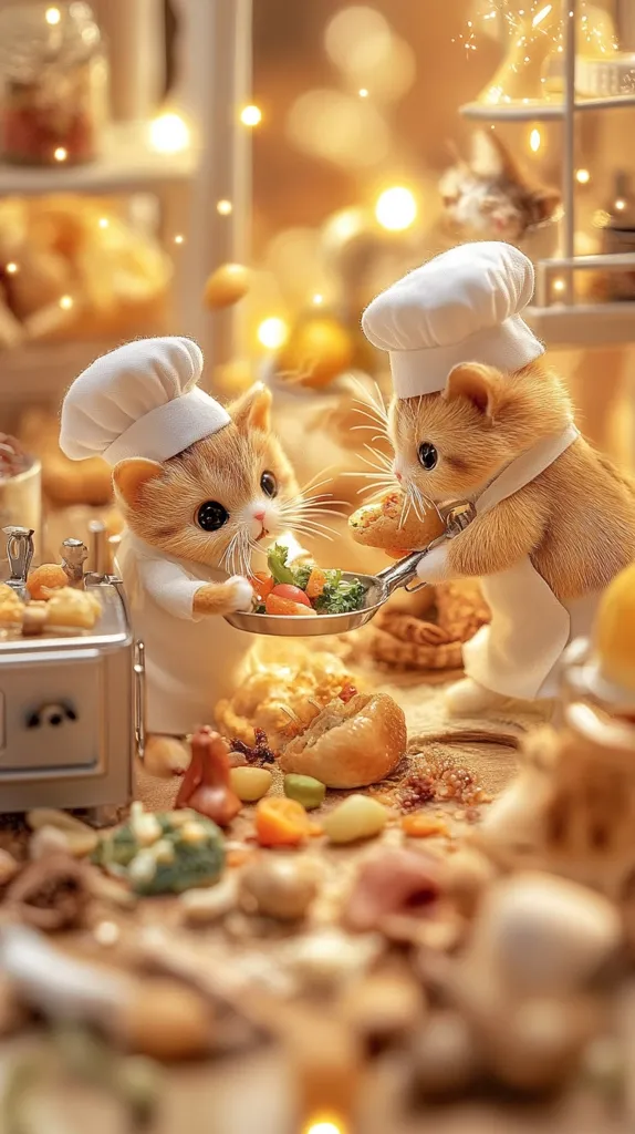 Two adorable kittens, dressed in chef hats and aprons, are preparing a meal.  They are carefully tending to a small pan of cooked vegetables. The scene is set in a charming, miniature kitchen with warm lighting and a rustic feel.  Surrounding them is a feast of miniature food, including bread rolls and other delectable treats.  The overall image is whimsical and heartwarming.