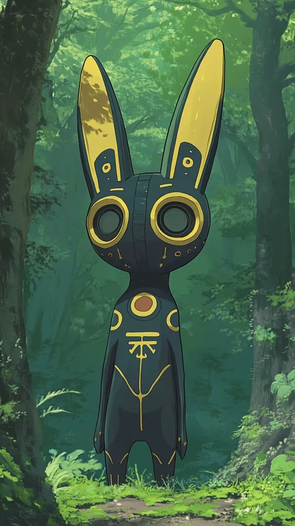 A stylized illustration depicts a dark-blue, rabbit-like creature standing in a lush green forest.  Its body is segmented, with round, metallic eyes and gold accents.  The creature has long, pointed ears and appears robotic or mechanical in design. The forest background is softly rendered, with muted greens and browns, creating a mystical atmosphere.  The overall style is whimsical and slightly surreal.