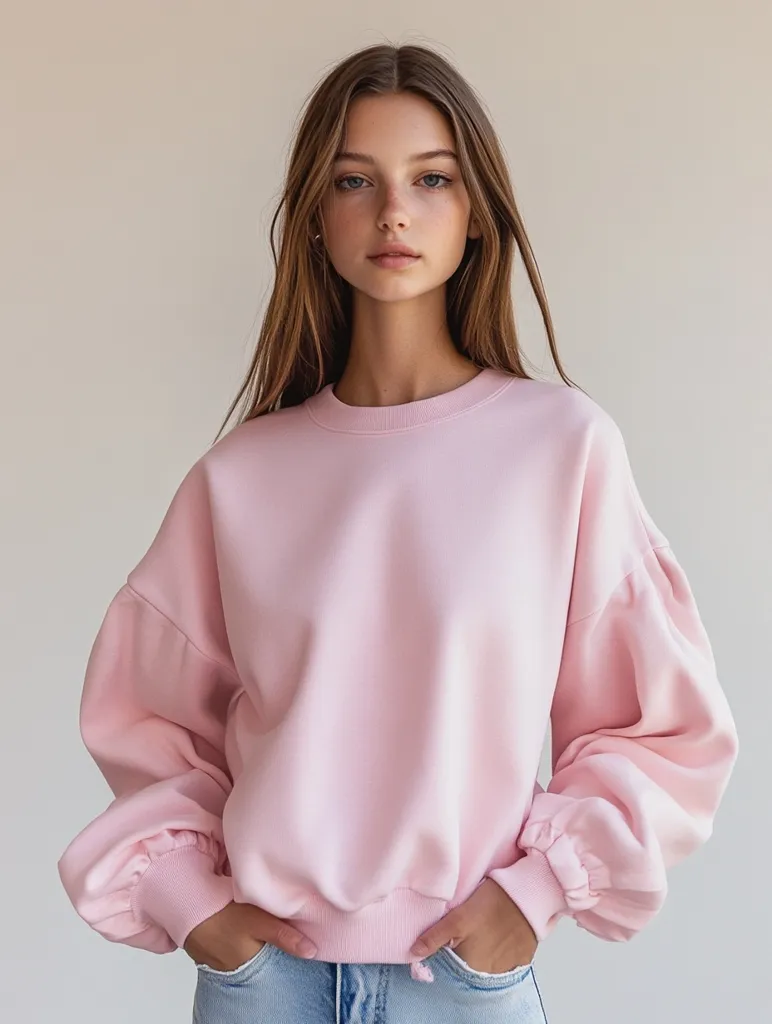 A young woman with long brown hair models a light pink sweatshirt. The sweatshirt features balloon sleeves and a relaxed fit.  She is wearing light blue jeans and has her hands in her pockets.  Her expression is neutral and her makeup is minimal. The background is a plain light beige.
