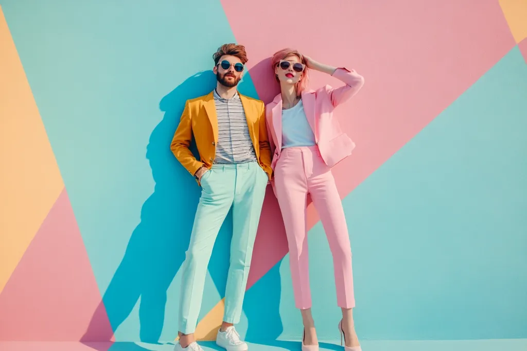 A stylish couple poses against a vibrant, geometric backdrop of pastel pink, yellow, and blue. The man sports a mustard yellow blazer and mint green trousers, while the woman is dressed in a matching pink pantsuit. Both wear sunglasses, adding to their fashionable look.  Their confident stances and bold color choices create a striking image.