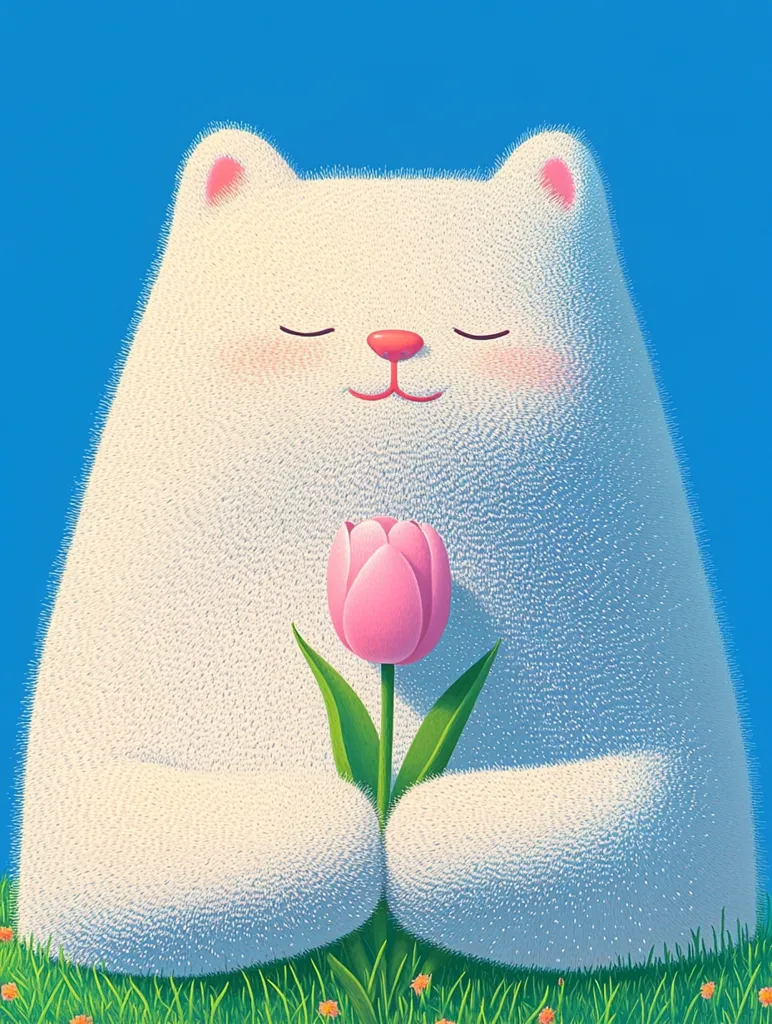 A fluffy white bear, eyes closed in peaceful contentment, sits amidst vibrant green grass and small wildflowers.  It gently cradles a single, light pink tulip, its paws neatly holding the stem. The bear's expression is serene, conveying a sense of calm and appreciation for the simple beauty of nature. The overall style is cute and whimsical.
