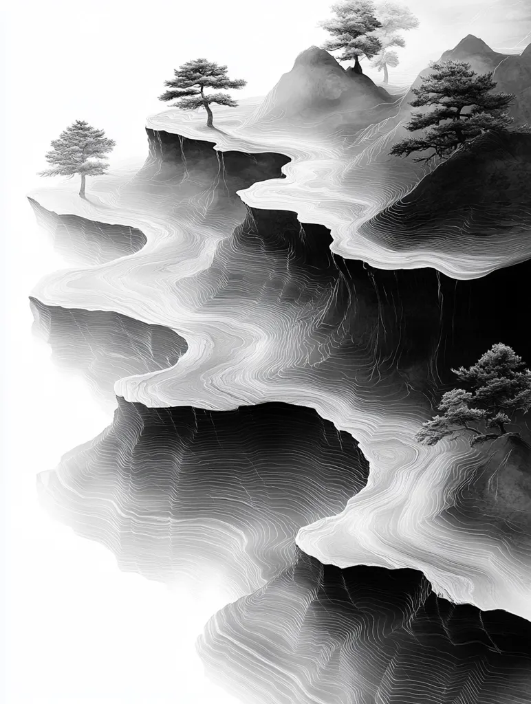 A grayscale illustration depicts a surreal, mountainous landscape.  Swirling, layered cliffs form a meandering path, punctuated by solitary, stylized pine trees perched atop the high points.  The scene is evocative of an ink wash painting, with subtle shading and delicate lines suggesting depth and mist. The overall effect is serene and ethereal.