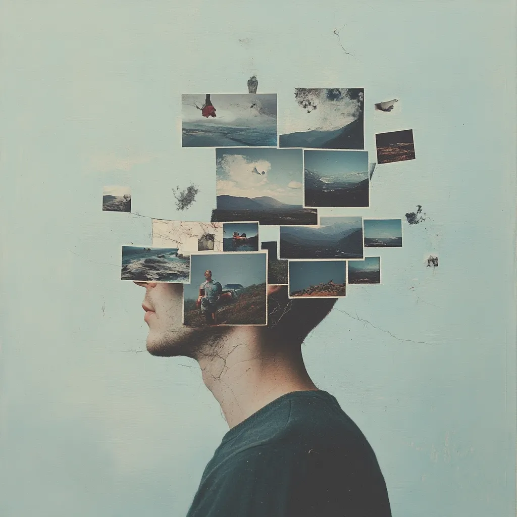 A profile view of a man's head is overlaid with numerous fragmented photographs.  The images depict various landscapes, people, and activities, suggesting memories or experiences. The collage creates a surreal effect, representing the complexity and multifaceted nature of personal recollection and identity. The pale blue background complements the vintage tone of the photographs.