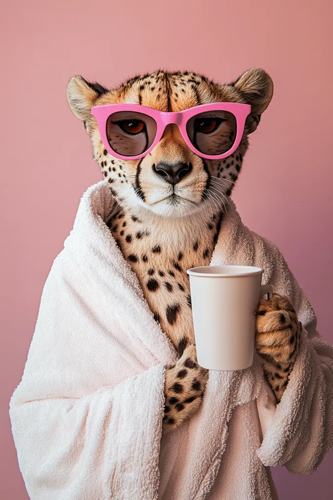 A cheetah, wearing pink sunglasses and a fluffy white bathrobe, sits and holds a disposable coffee cup. The cheetah's serious expression contrasts with its stylish attire.  The pink background enhances the overall playful yet sophisticated vibe of the image. The scene is humorous and unexpected, suggesting a luxurious and pampered cheetah enjoying a morning routine.