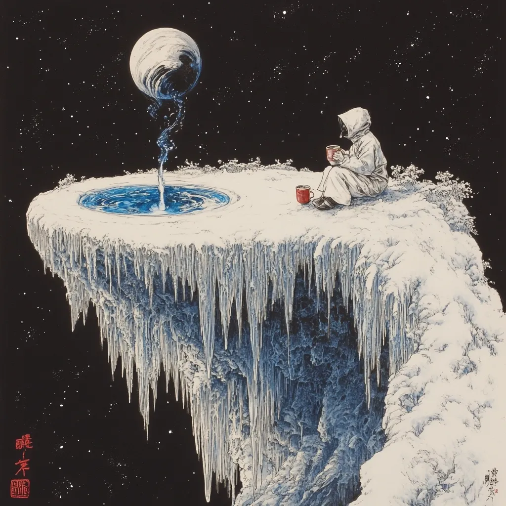 A solitary figure, cloaked in white, sits on a snow-covered precipice overlooking a cosmic expanse.  A small pool of water on the platform receives a stream from a celestial body above.  Icicles hang dramatically from the cliff's edge, contrasting the dark, star-studded background.  The scene evokes a sense of isolation and wonder, a quiet moment in a vast, surreal landscape.
