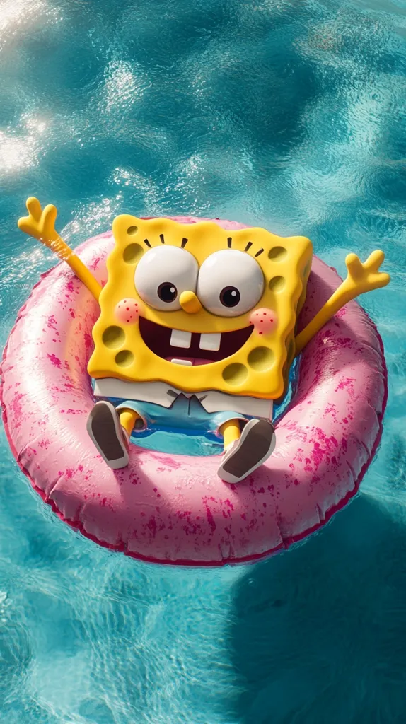 Spongebob Squarepants enjoys a relaxing float in a vibrant pink inflatable ring.  The cheerful character, rendered in a 3D style, has a big smile and is surrounded by sparkling turquoise water.  His arms are outstretched, suggesting carefree summer fun. The scene is bright and cheerful, capturing the essence of Spongebob's playful personality.