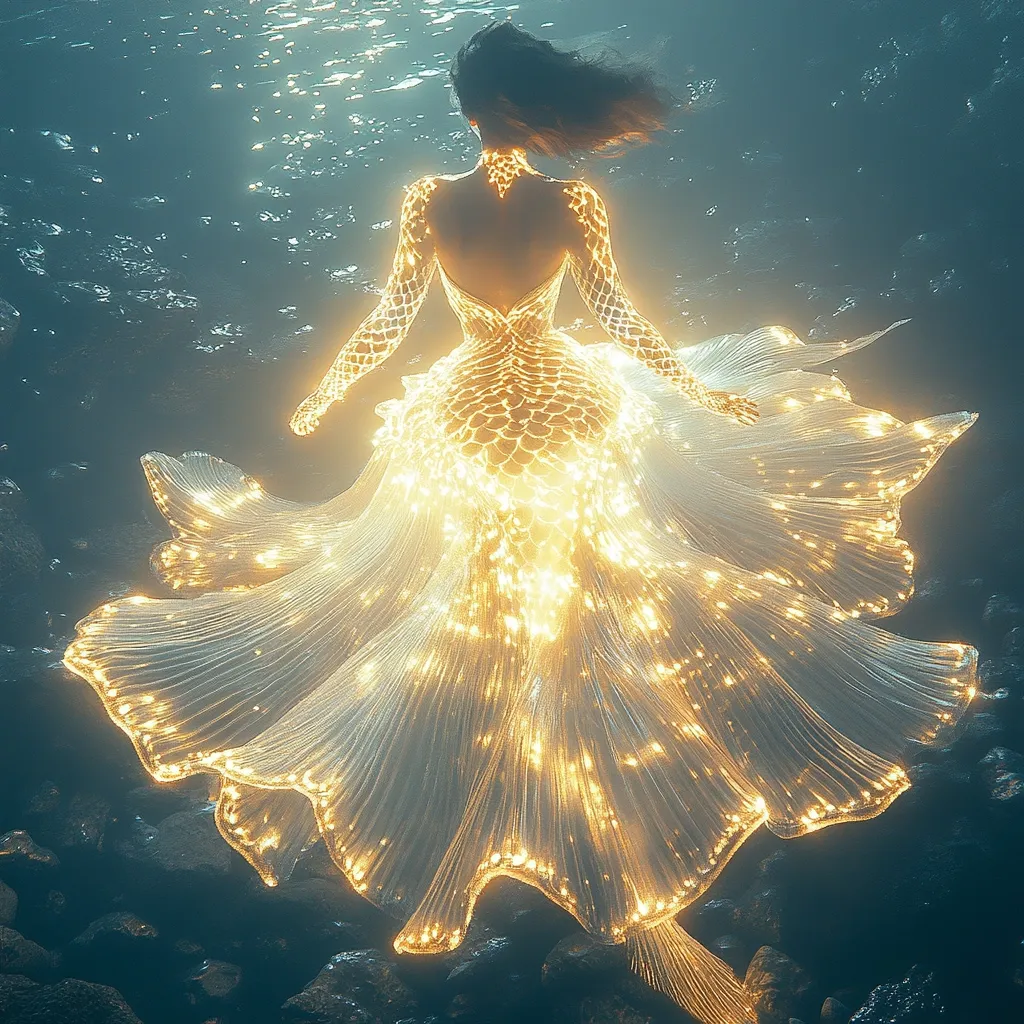 A woman, seen from behind, wears a luminous gown resembling a mermaid's tail.  The dress, shimmering with golden light, flows dramatically around her as she walks through shallow, dark water. The scene is ethereal and dreamlike, the dress seemingly illuminated from within.  Rocks are visible beneath the water, contrasting with the dress's radiant glow.