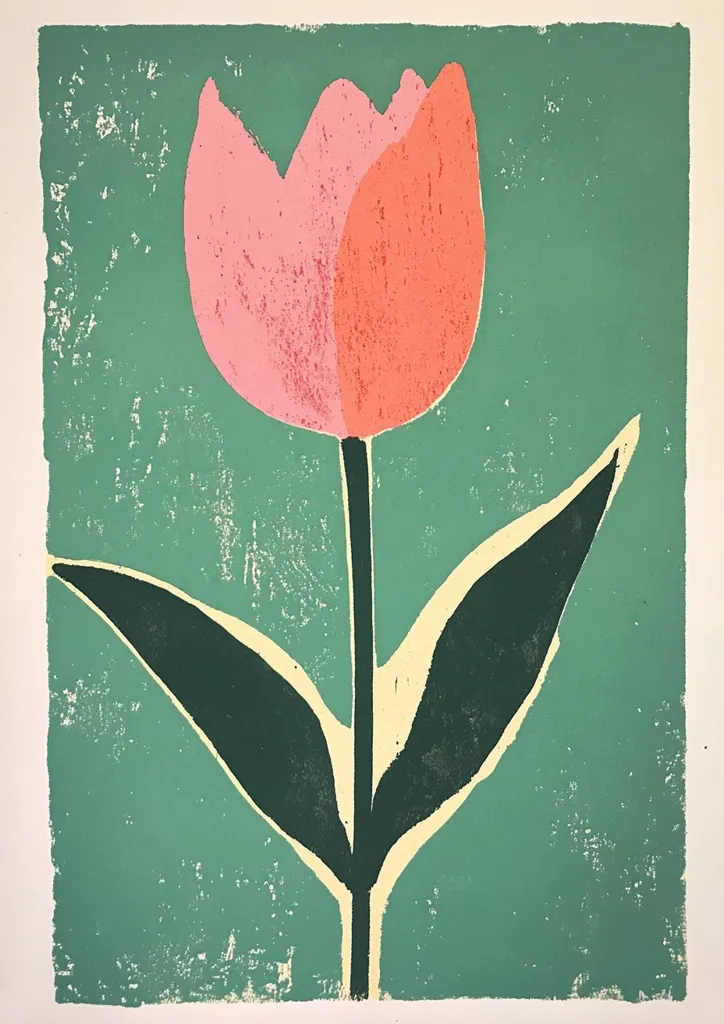 A linocut print depicts a stylized tulip.  The flower is rendered in shades of pink and coral, contrasted against dark green leaves and a pale yellow-green stem. The background is a muted teal green, showing the texture of the printing process. The overall style is minimalist and bold, with a focus on strong shapes and color blocking.