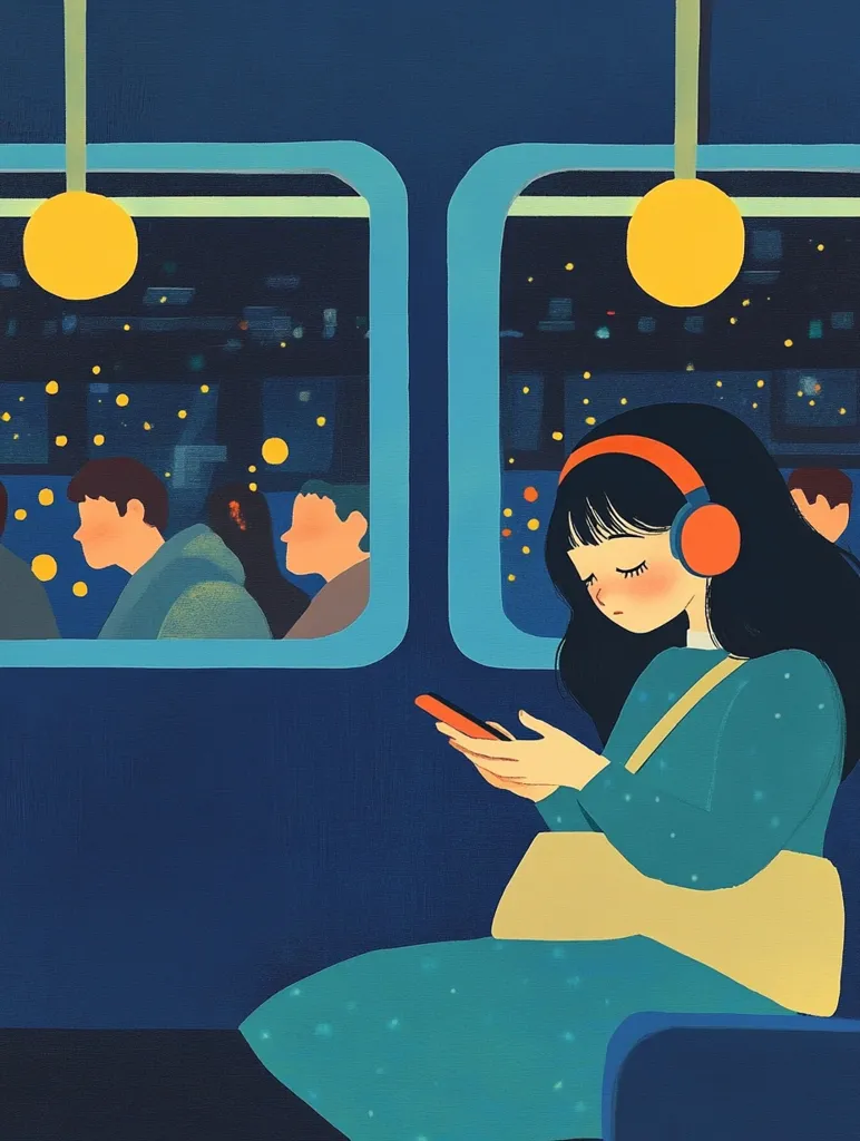 A young woman with headphones sits on a public transport vehicle at night.  She's looking down at her phone, seemingly lost in thought.  The windows show a blurred cityscape twinkling with lights. Other passengers are visible, but indistinct. The overall mood is calm and melancholic, with a muted color palette of teal, navy, and gold.