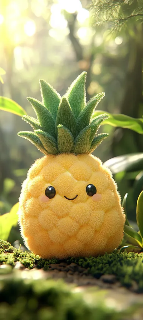 A cute, fuzzy pineapple sits amidst lush green foliage.  Sunlight streams through the background, illuminating the cheerful fruit.  The pineapple has large, expressive eyes and a small smile, giving it an adorable, cartoonish appearance.  The scene is peaceful and evokes a sense of warmth and tranquility.