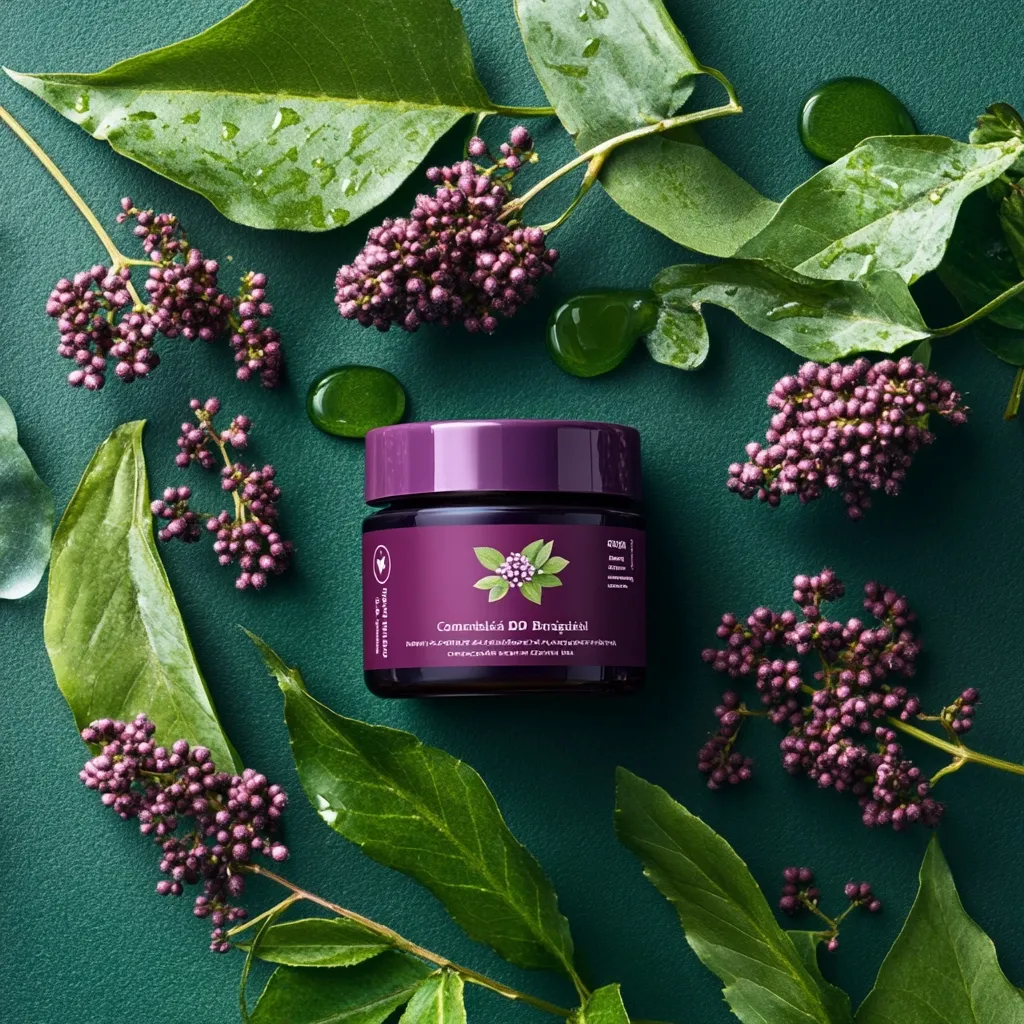 A small jar of  "Comențatá DO Bărgăului" cream sits on a dark green background adorned with vibrant green leaves and dark purple berry clusters.  The jar's deep purple lid complements the color scheme.  The image evokes a natural, botanical feel, highlighting the product's likely natural ingredients.  Drops of a clear, possibly gel-like, substance are scattered around the jar.