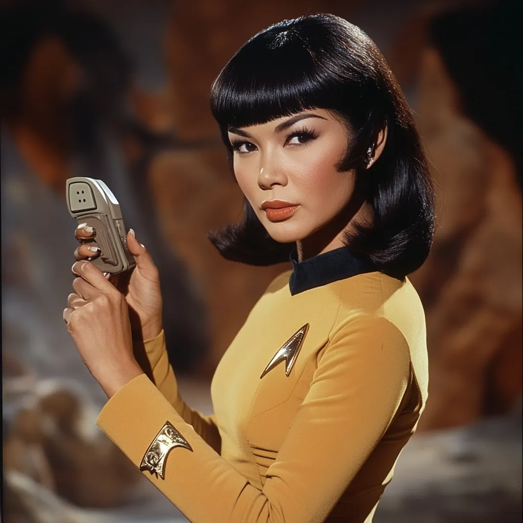 A woman with dark, blunt-cut bangs and a bob hairstyle holds a Star Trek communicator. She is wearing a gold Starfleet uniform with a black collar and the Starfleet insignia on her chest. Her expression is serious and confident, and she looks directly at the viewer.  The background is blurred, suggesting a set or studio environment. The image evokes a classic science fiction aesthetic.
