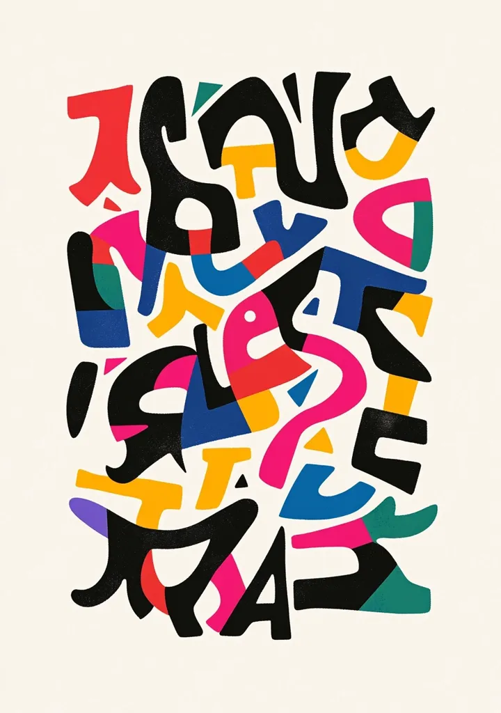 A vibrant abstract artwork featuring a dense cluster of stylized letterforms.  Bold black shapes interlock with bright, colorful elements in red, pink, yellow, blue, and green. The design evokes a sense of energy and movement, resembling a playful, chaotic alphabet. The overall effect is bold and modern, with a slightly textured feel.
