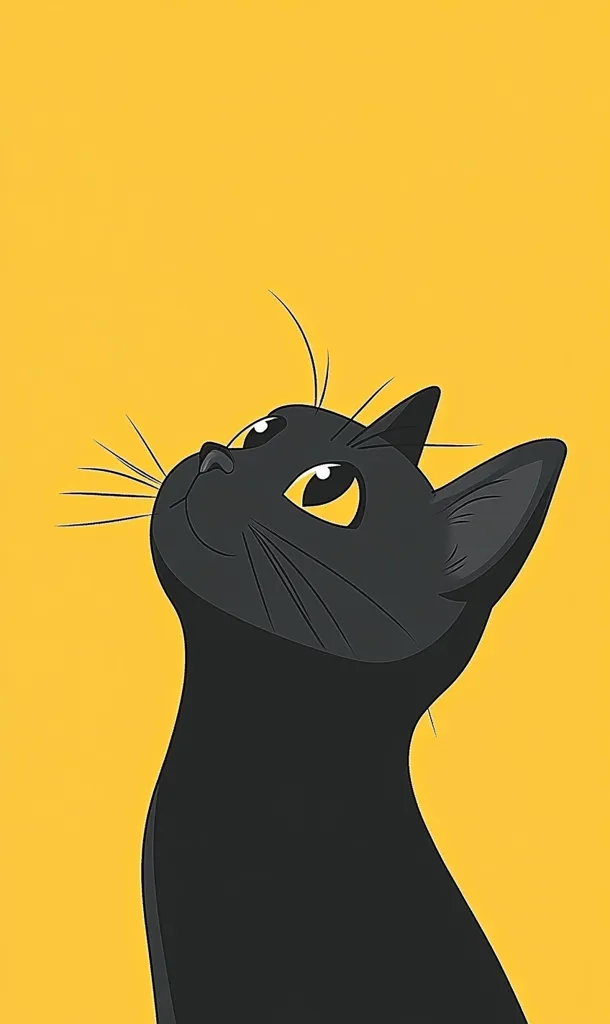 A stylized illustration of a black cat against a vibrant yellow background. The cat is depicted in a minimalist style, with its body oriented towards the viewer's left, its head tilted upward, and its gaze directed towards an unseen object above.  The cat's amber eyes and sleek fur are emphasized, contrasting sharply with the bright yellow backdrop.  The overall aesthetic is modern and playful.