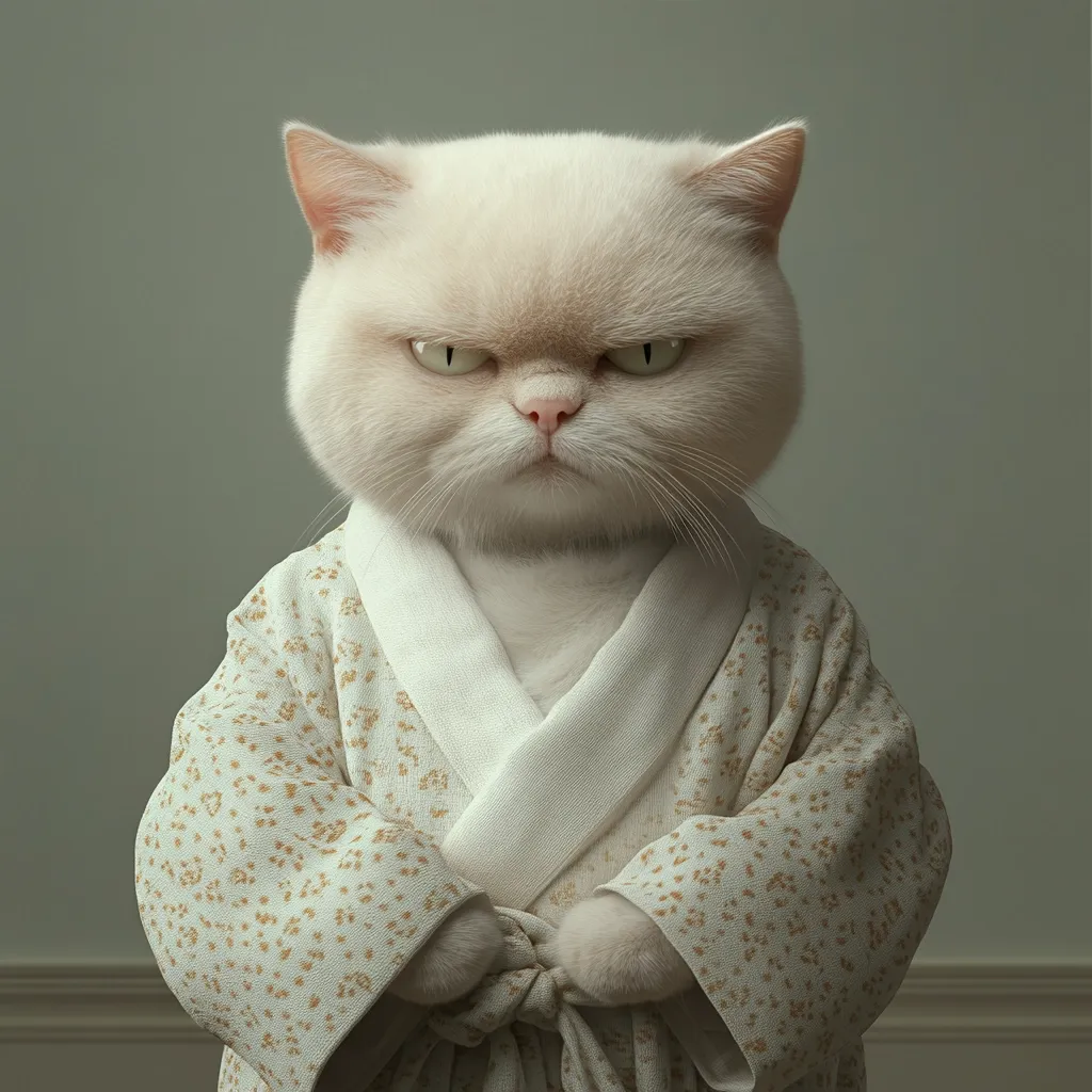 A grumpy-looking cream-colored cat, with intense eyes, is depicted wearing a light beige patterned robe.  The robe is tied at the waist, and the cat's paws are neatly tucked in front. The cat's expression is serious and somewhat disapproving, creating a humorous contrast with its attire. The background is a muted green-grey.