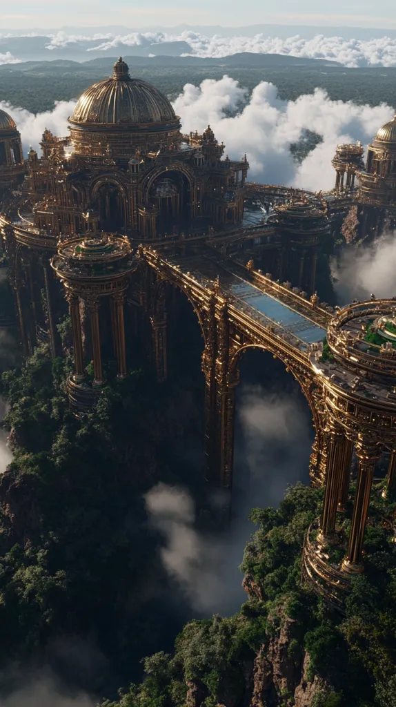 A breathtaking, golden city rests on a mountaintop, shrouded in mist.  Ornate, classical architecture dominates the scene, with elegant bridges connecting different structures. Lush green forests cling to the steep cliffs below, contrasting with the gleaming gold above.  The image evokes a sense of fantasy and grandeur, a majestic city seemingly suspended between earth and sky.