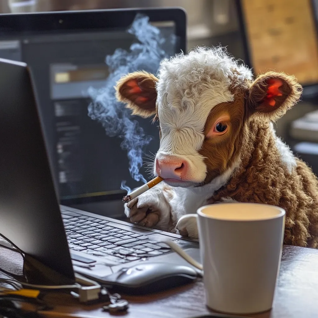 A young calf sits at a desk, smoking a cigarette and working on a laptop.  A mug sits beside the computer.  The calf's fur is brown and white, and it looks intently at the screen.  The scene is humorous and slightly surreal, depicting an unlikely office worker.  Smoke curls from the cigarette held gently in its mouth.