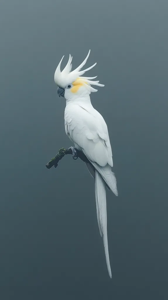 A majestic white cockatoo, with its crest feathers raised, perches delicately on a small branch.  Its plumage is pristine against a muted, gray-blue background, creating a striking contrast. The long tail feathers gracefully trail downwards, adding to the bird's elegant posture.  The overall mood is serene and contemplative.