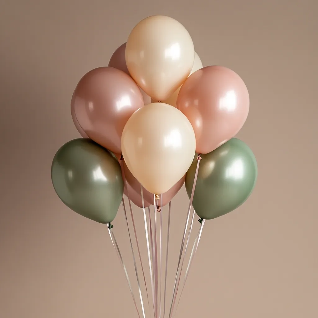 A cluster of pastel-colored balloons floats against a muted brown background.  The balloons are in shades of blush pink, creamy beige, and muted sage green, creating a soft and elegant aesthetic.  They are tied together with delicate, pale pink ribbons, suggesting a celebratory occasion. The image evokes a feeling of gentle joy and festivity.