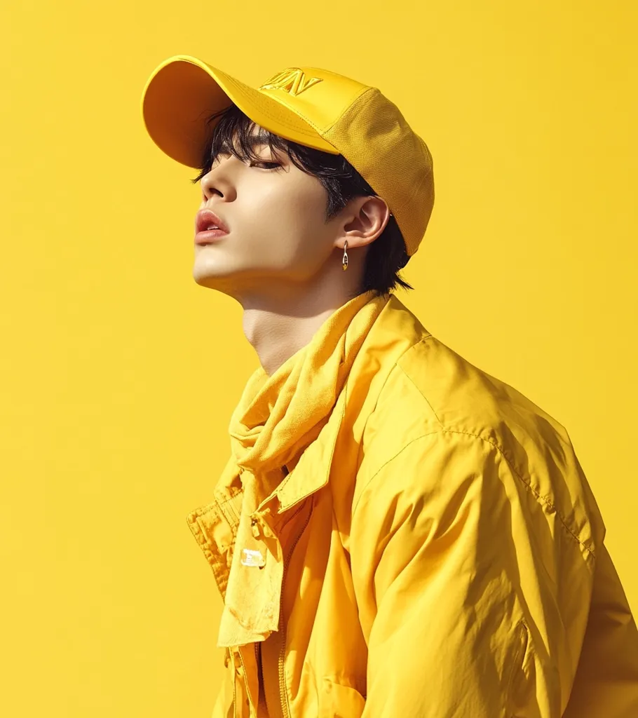 A young man with dark hair poses against a vibrant yellow background. He is dressed entirely in yellow: a baseball cap, a lightweight jacket, and a scarf. His head is tilted back, eyes closed, giving a relaxed and stylish impression.  The overall monochromatic color scheme creates a bold and visually striking image. The lighting accentuates the textures of the clothing and the model's features.