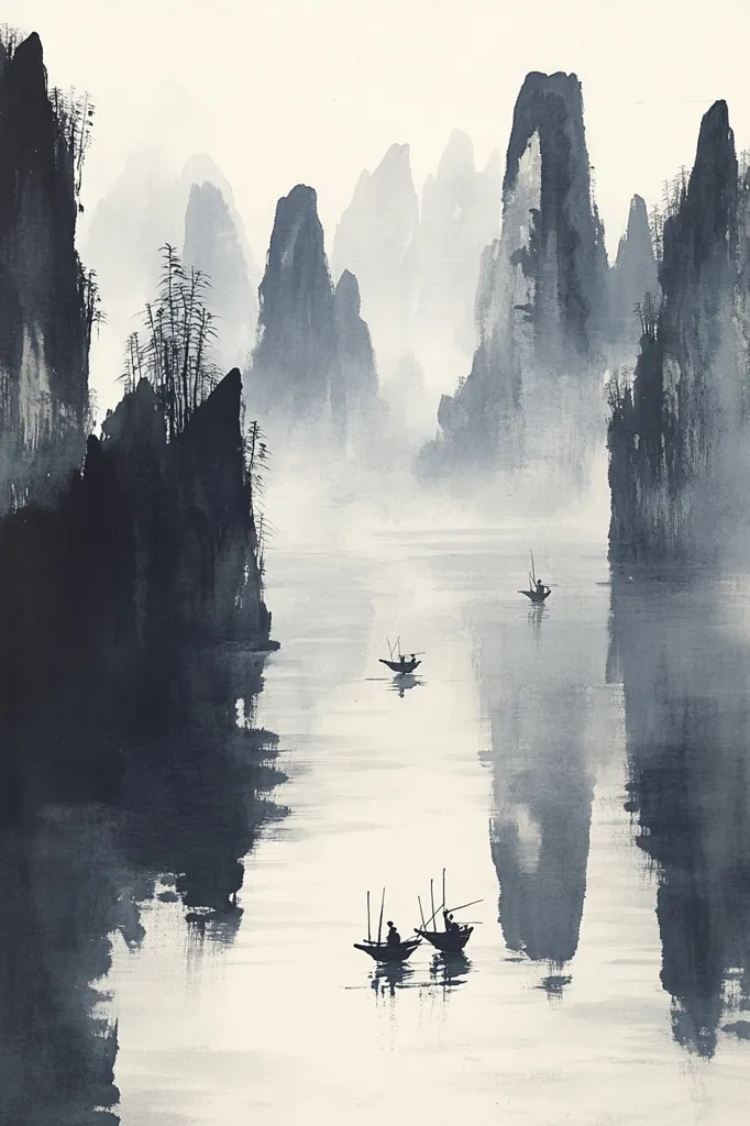 A misty, tranquil watercolor painting depicts a serene waterway winding between towering, ink-washed mountains.  Small fishing boats, each carrying one or two figures, are scattered across the calm water, their reflections mirrored on the surface. The overall palette is monochrome, emphasizing the misty atmosphere and the dramatic silhouettes of the landscape. The style suggests a traditional East Asian aesthetic.