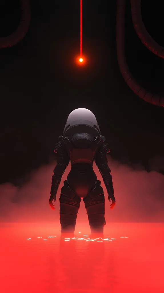 A lone astronaut, clad in dark armor, stands in a crimson, fog-filled pool.  A red laser beam descends from above, illuminating the scene. The background is shrouded in darkness, punctuated by large, dark, tubular structures. The overall atmosphere is eerie and mysterious, suggesting a post-apocalyptic or science fiction setting. The astronaut's back is to the viewer, adding to the sense of isolation and unknown.