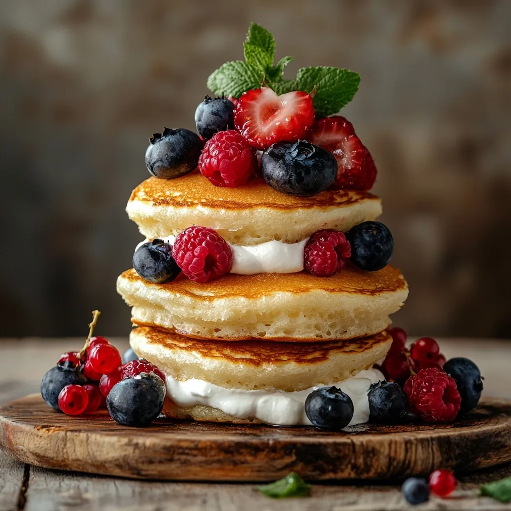 A stack of three fluffy pancakes is adorned with a generous helping of fresh berries and a dollop of creamy whipped topping.  Raspberries, blueberries, and strawberries create a vibrant, colorful display, accented by a sprig of mint.  The pancakes sit on a rustic wooden board, enhancing the warm, inviting appeal of this delightful breakfast treat.