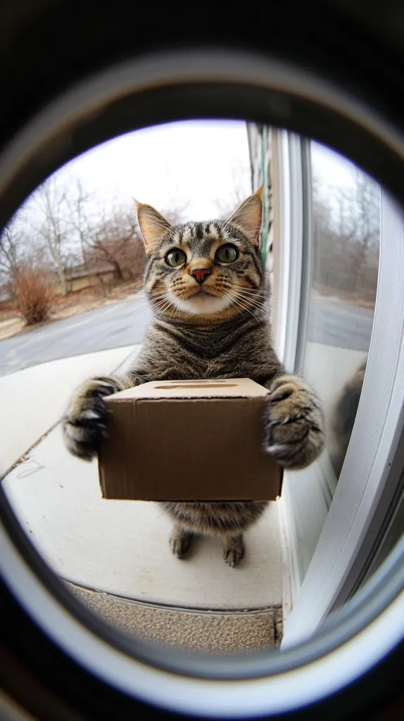 A tabby cat stands at a doorway, viewed through a fisheye lens.  It holds a small cardboard box, seemingly delivering a package. The cat's expression is serious and attentive. The background shows a suburban street scene with bare trees, suggesting a winter or autumn setting. The image is playful and humorous, emphasizing the cat's unexpected role as a delivery person.
