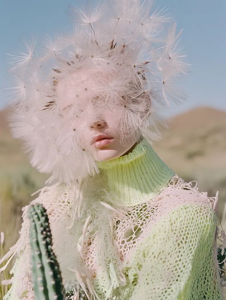 A person's face is partially obscured by a mass of dandelion seed heads, creating a surreal and ethereal effect. They wear a pale green, loosely knit sweater with distressed detailing, partially revealing a high neckline. The setting appears to be a desert landscape, with a cactus visible in the foreground, enhancing the arid atmosphere. The overall image is artistic and evocative, blending nature and fashion.