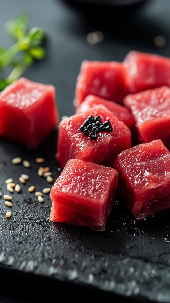 Close-up view of cubed raw tuna, glistening with moisture, arranged on a dark slate surface.  Sesame seeds are scattered nearby. One cube is topped with black caviar. The scene is dark and moody, emphasizing the rich red color of the tuna.  A sprig of fresh herbs is blurred in the background.