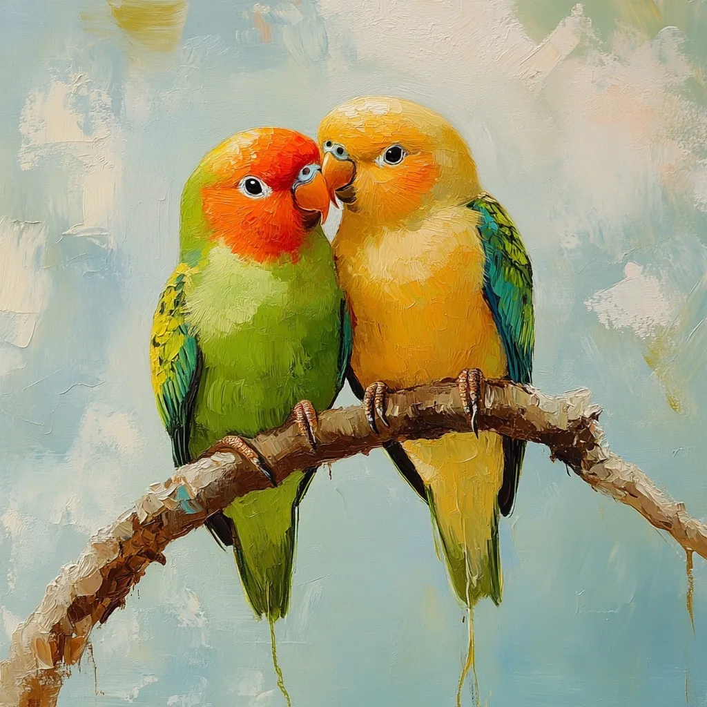 A vibrant oil painting depicts two lovebirds perched affectionately on a branch against a soft, blue-sky backdrop. One lovebird is predominantly green with hints of orange and teal, while its companion showcases a sunny yellow hue with subtle green accents.  Their beaks gently touch, conveying a sense of tenderness and intimacy.  The artist's impasto technique adds texture and depth to the birds' feathers and the branch.