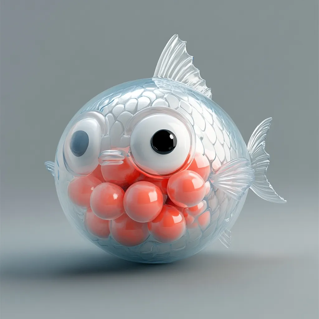 A whimsical 3D rendering of a transparent fish filled with numerous small, coral-colored spheres.  The fish has large, expressive eyes and a cartoonish design. Its translucent body reveals the internal contents, creating a playful and surreal effect against a muted gray background. The image has a clean, modern aesthetic.