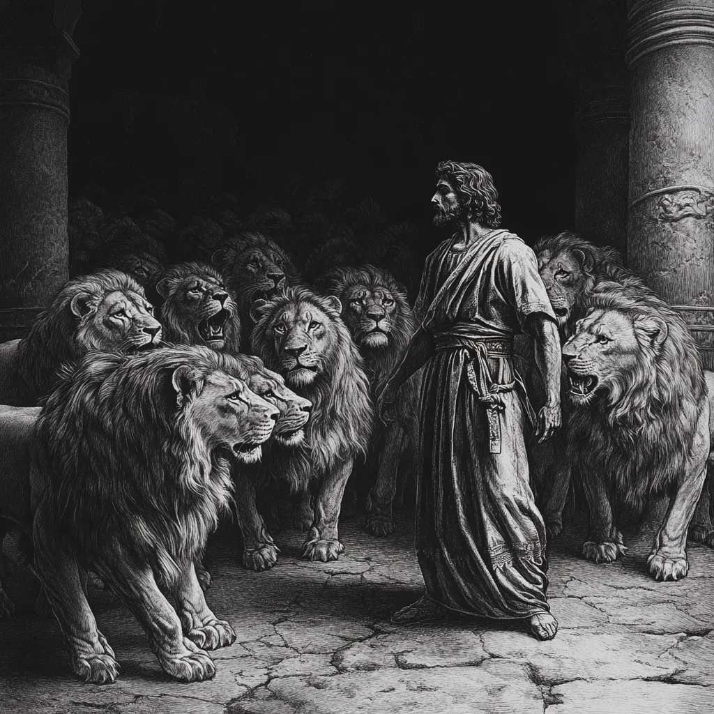 A black and white illustration depicts a man, possibly a prophet or religious figure, standing calmly amidst a circle of lions. He is robed and appears serene, while the lions, though numerous and imposing, seem subdued in his presence. The setting is dark, suggesting a den or ancient structure. The style is reminiscent of classical biblical art, emphasizing dramatic contrast and detailed rendering of the figures.