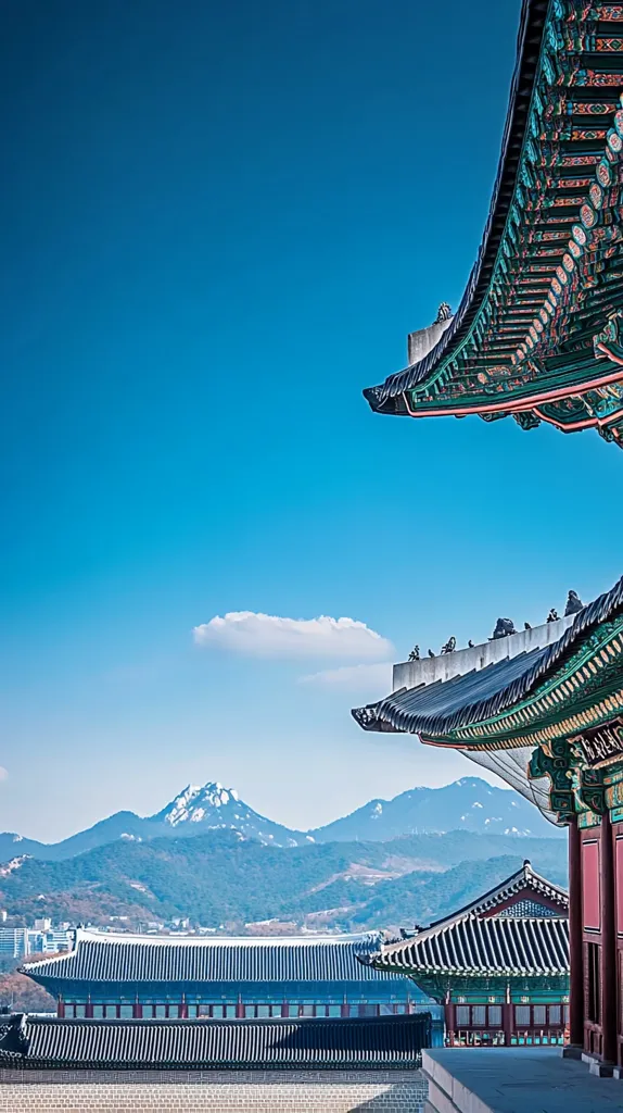 A picturesque view from a Korean palace.  Intricate, colorful rooftops dominate the foreground, contrasting against a clear blue sky. In the distance, snow-capped mountains rise majestically above a cityscape, creating a serene and breathtaking panorama. The image captures the beauty of traditional Korean architecture and the stunning natural landscape.