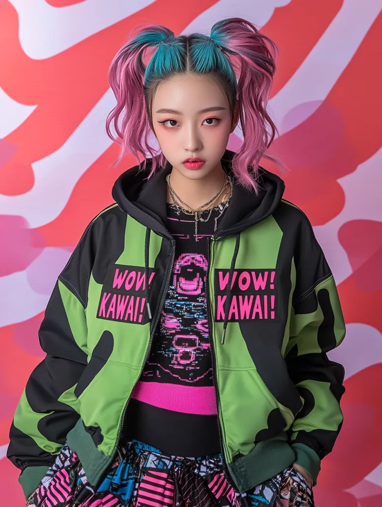 A young woman with vibrant pink and teal pigtails sports a lime green bomber jacket adorned with "Wow! Kawaii!" graphics.  The jacket is layered over a black top with a pink graphic detail, and she wears layered necklaces.  Her makeup is subtly dramatic, and her pose is confident against a bold red and white background.  The overall style is bold, playful, and trendy.