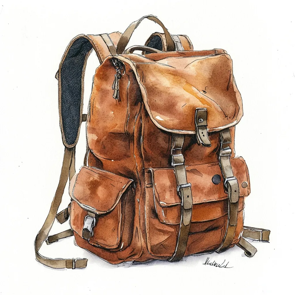 A watercolor painting depicts a worn, brown leather backpack.  The bag is richly detailed, showing multiple pockets, straps, and buckles.  Its aged appearance suggests extensive use and travel. The style is realistic, capturing the texture and subtle shading of the leather.  The background is plain white, allowing the backpack to be the focal point.