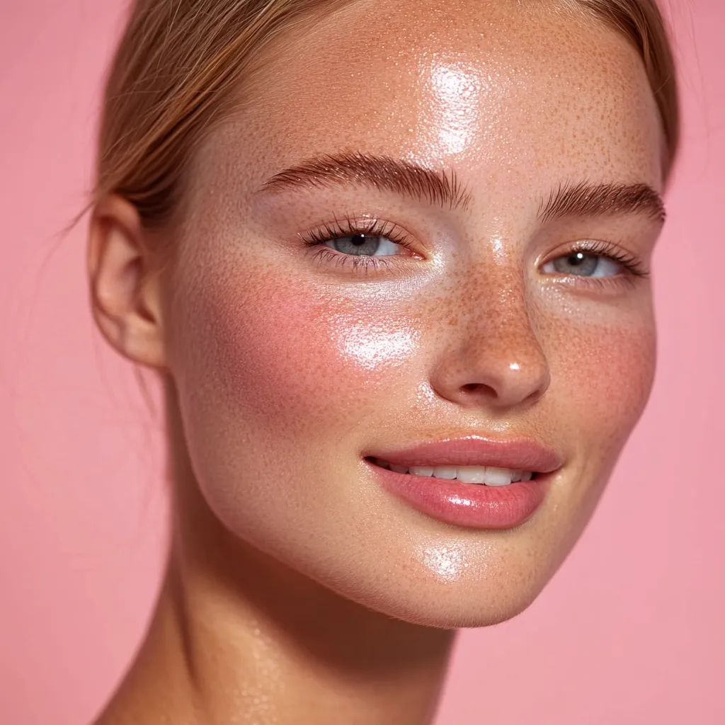Close-up of a young woman's face, showcasing radiant, dewy skin with subtle freckles and a soft pink blush.  Her light blonde hair is pulled back, highlighting her clear complexion and natural beauty.  The overall impression is one of healthy, glowing skin with minimal makeup.  The background is a soft pink.