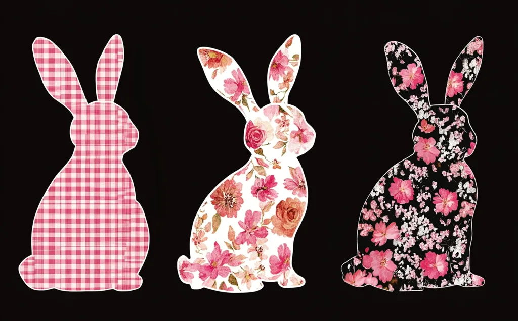 Three rabbit silhouettes are displayed against a black background.  The first rabbit is filled with a pink gingham pattern. The second is filled with a watercolor design of pink and peach flowers. The third rabbit features a dark background filled with pink flowers.  The rabbits are similarly posed, creating a visually appealing trio.