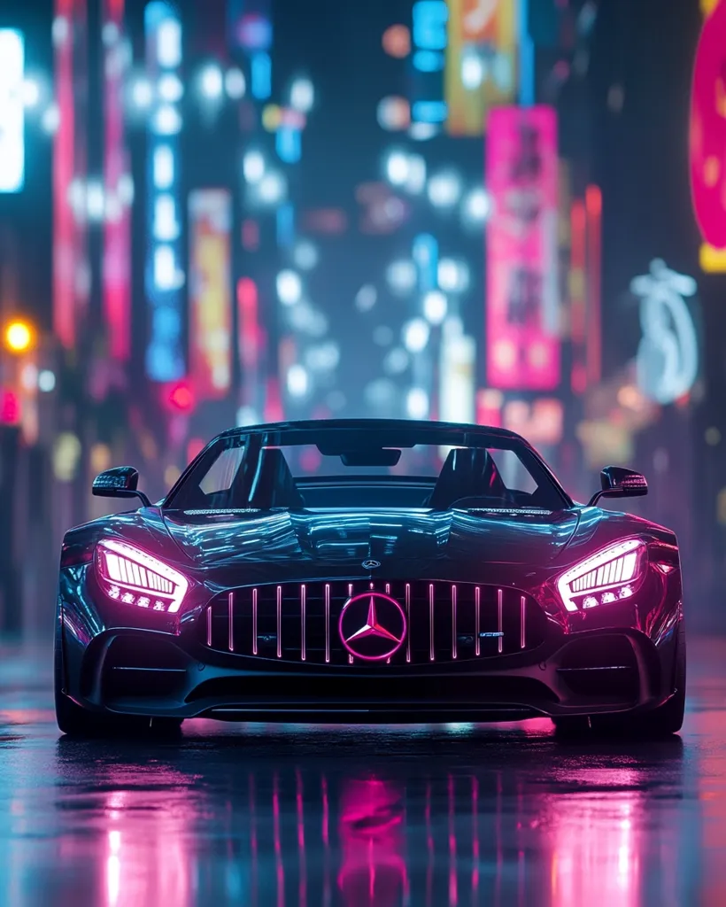 A sleek, black Mercedes-AMG GT Roadster is parked on a rain-slicked street at night.  Neon lights in vibrant pink and blue hues reflect in the wet pavement, creating a vibrant, futuristic cityscape backdrop. The car's headlights and grille illuminate with matching pink accents, enhancing its modern, luxurious appearance.  The overall scene is stylish and dynamic.