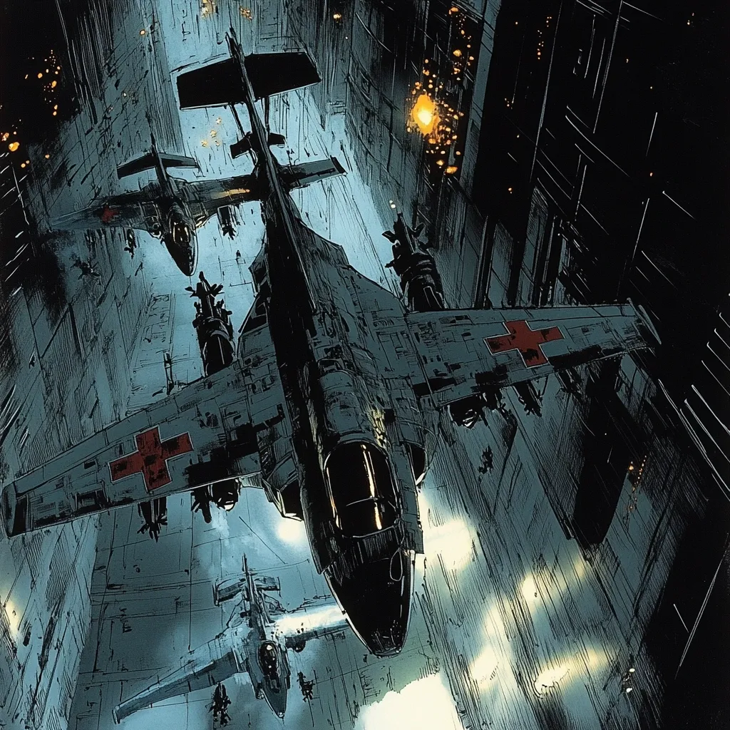 A dramatic illustration depicts a medical aircraft, marked with a red cross, navigating a narrow, war-torn cityscape.  Other aircraft, possibly fighters, are visible, suggesting a combat zone.  The style is gritty and detailed, with a focus on the aircraft's position within the claustrophobic urban environment.  Explosions and gunfire are implied by streaks of light and smoke, creating a sense of urgency and danger.