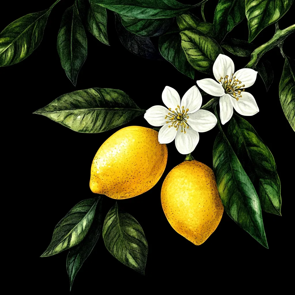 A watercolor illustration showcases two ripe lemons nestled amongst vibrant green leaves and delicate white blossoms on a lemon tree branch.  The dark background accentuates the bright yellow of the lemons and the pure white of the flowers. The image is detailed and realistic, capturing the textures of both the fruit and foliage.
