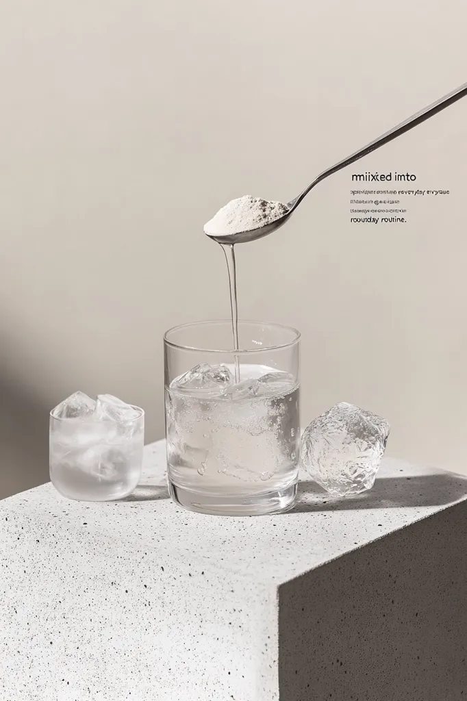 A spoonful of light grey powder is being poured into a glass of water with ice cubes.  The scene is minimalist, with a muted color palette and clean lines.  The text "mixed into your everyday routine" suggests the powder is a supplement or additive for daily consumption. The overall image conveys a sense of calm and simplicity.