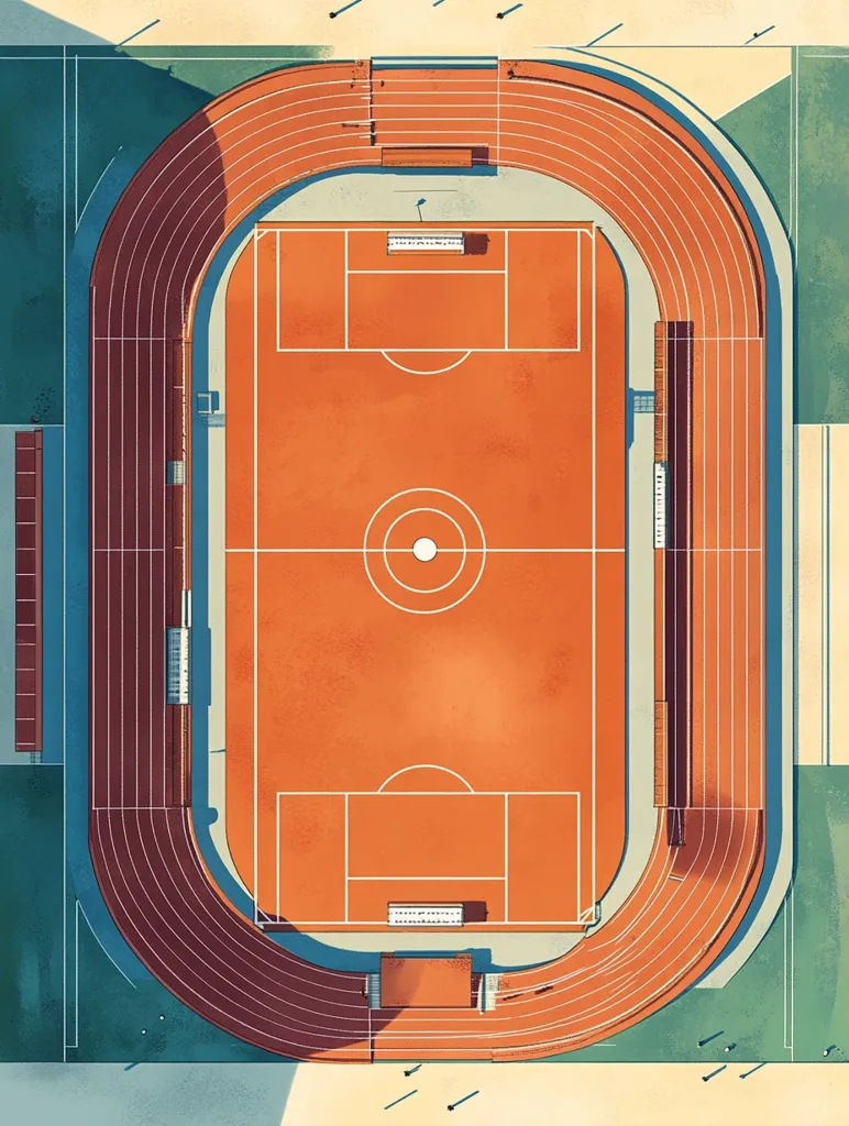 An overhead illustration depicts a stadium with a running track encircling a soccer field.  The track is reddish-brown, the field a lighter orange, and the surrounding area is a muted teal.  The image is stylized, with clean lines and flat shading, giving it a minimalist aesthetic. The overall impression is one of quiet calm, perhaps representing a moment before a sporting event.