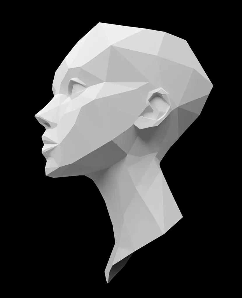 A low-poly 3D model of a woman's head and neck is presented in profile view against a black background.  The model is rendered in shades of gray, with a simplified, faceted structure. The style is minimalist and geometric, emphasizing form over detail. The head is slightly tilted upward, creating a graceful pose. The overall effect is one of modern sculpture.