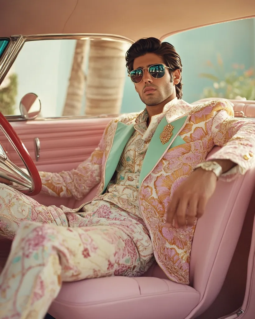 A stylish man with dark hair and sunglasses sits in a pink vintage car. He's wearing a pastel floral embroidered suit with a mint green lapel.  The suit is complemented by a patterned waistcoat and pants.  His relaxed posture and the luxurious car create a sophisticated and fashionable image.  The overall aesthetic is one of retro glamour and high fashion.