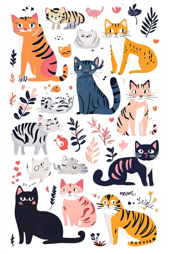 A delightful collection of cats in various poses and colors is depicted.  Orange, black, gray, and pink tabby cats are featured, along with smaller kittens and stylized floral elements.  The illustration showcases a playful and whimsical style, with each cat exhibiting unique personality.  The overall tone is cheerful and lighthearted, perfect for a children's book or design element.